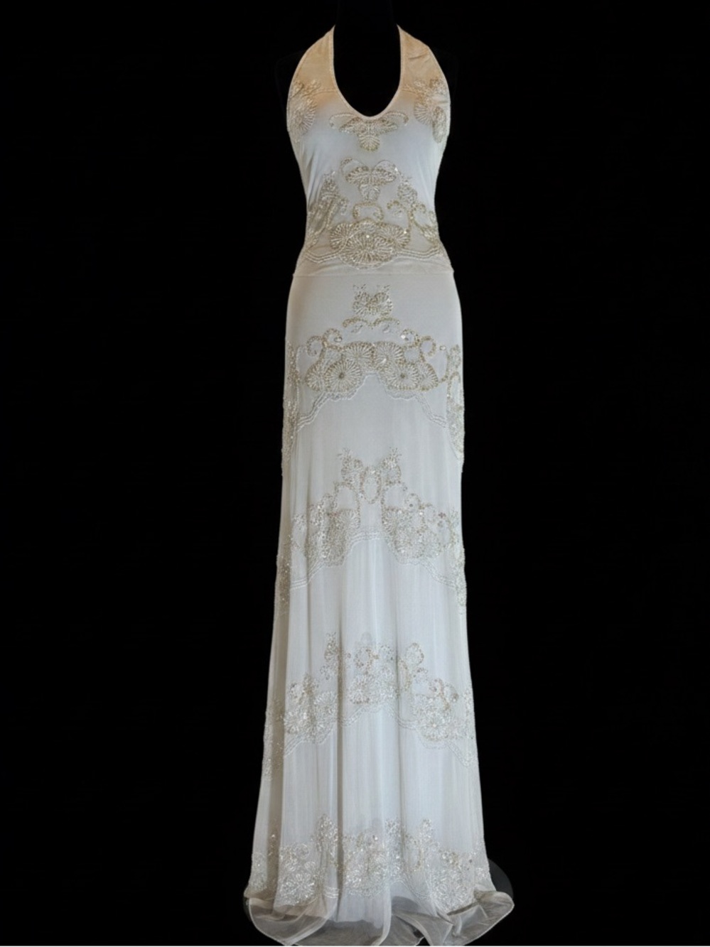 Elegant stunning hand beaded white Bridal‎ gown. Attitudes by Debra stretch fit.